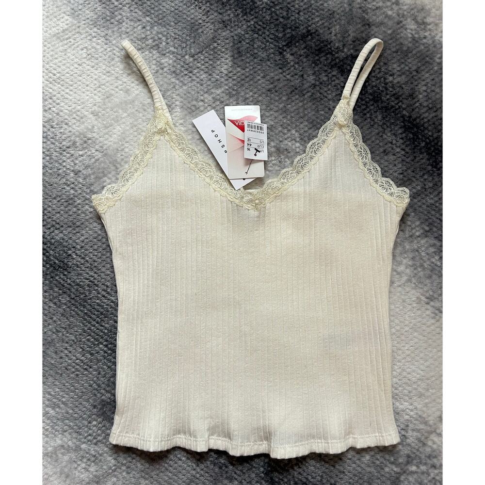Topshop Lace Trim V Neck White Crop Cami Ribbed Top Size 12 Large Romantic NWT - Picture 3 of 9